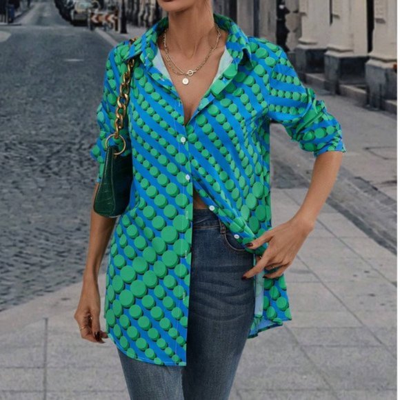 Blue/Green Geometric Print Button Down Shirt 50% OFF - Picture 2 of 6